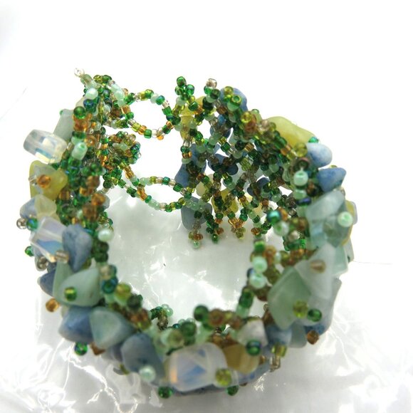 Beaded Stone Chip Wide Cuff Bracelet Green Blue Boho Chunky Statement - Picture 8 of 8